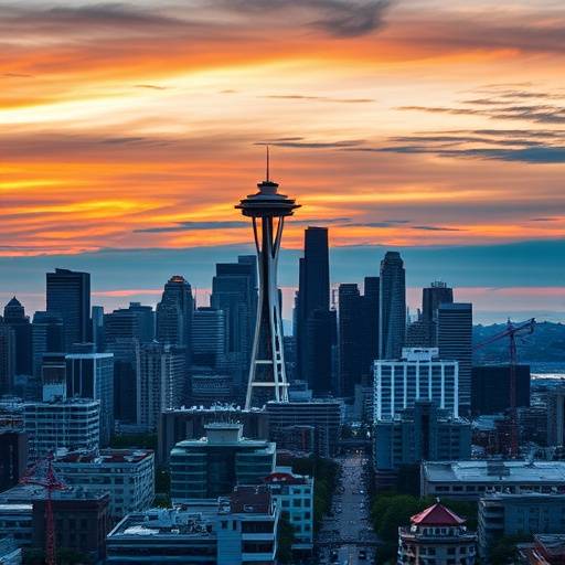 Aerial drone footage showing a stunning view of the Seattle skyline at sunset.