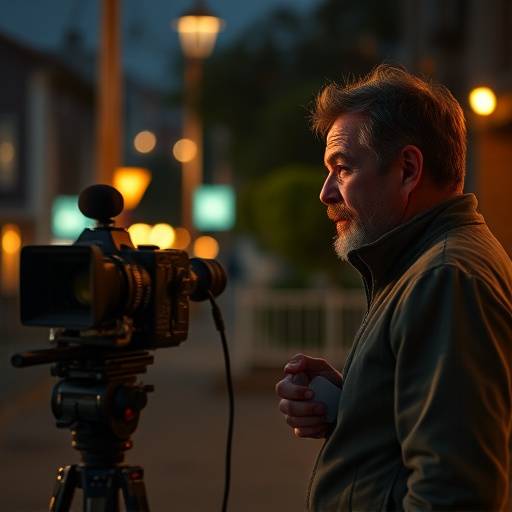 Documentary film still featuring an interview with a local community leader about social impact initiatives.