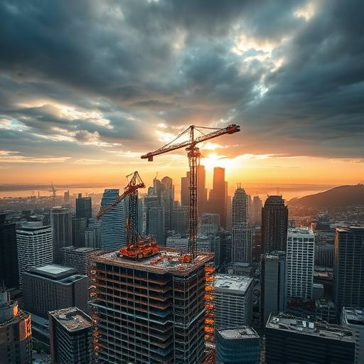 Dramatic aerial photography capturing the progress of a large construction site in downtown Seattle.