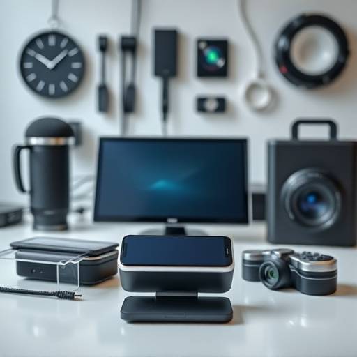High-quality product photography of various tech gadgets for an e-commerce website, focusing on detail and clarity.